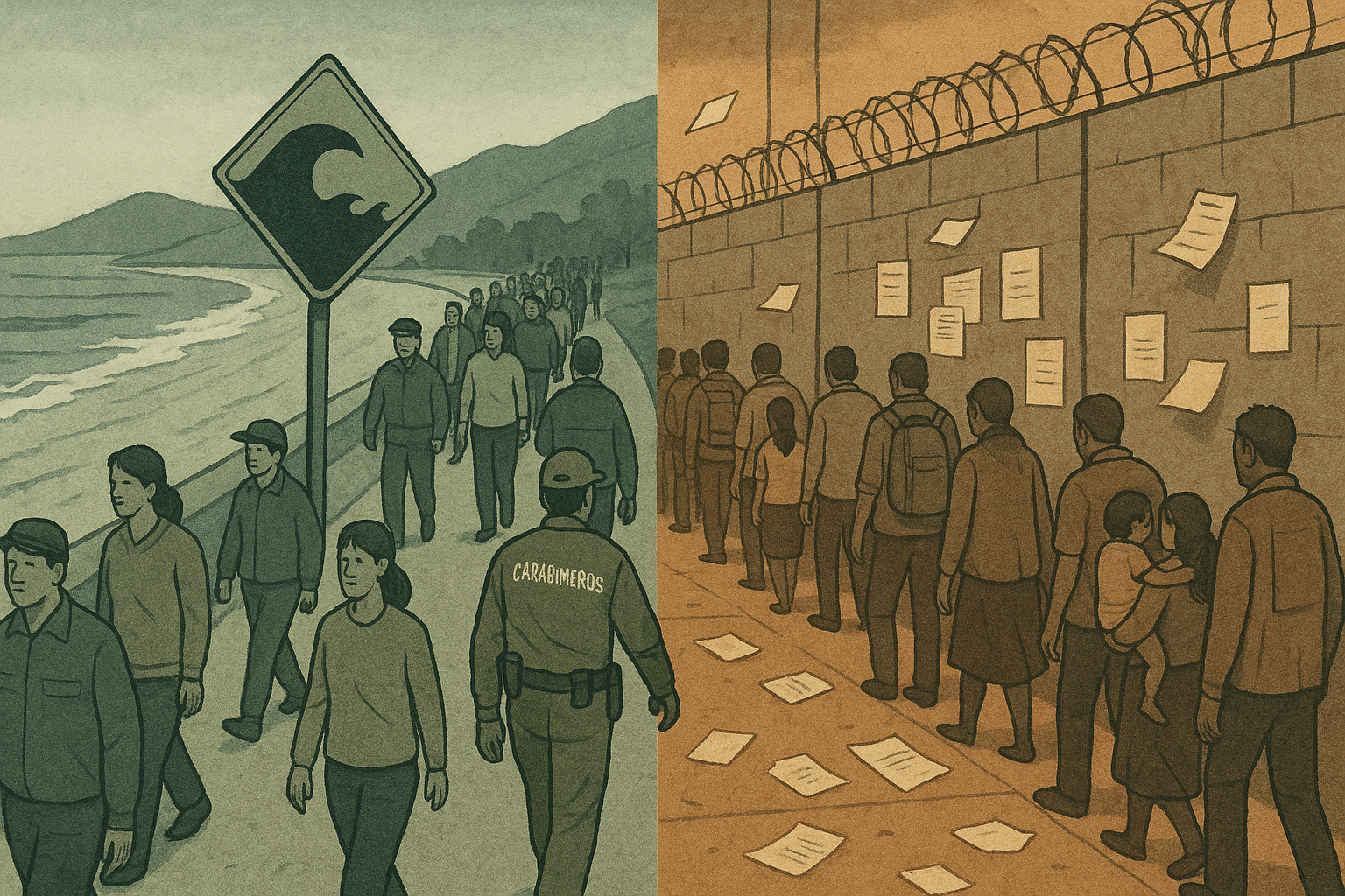 Ilustración editorial: Chile entre evacuación y migración